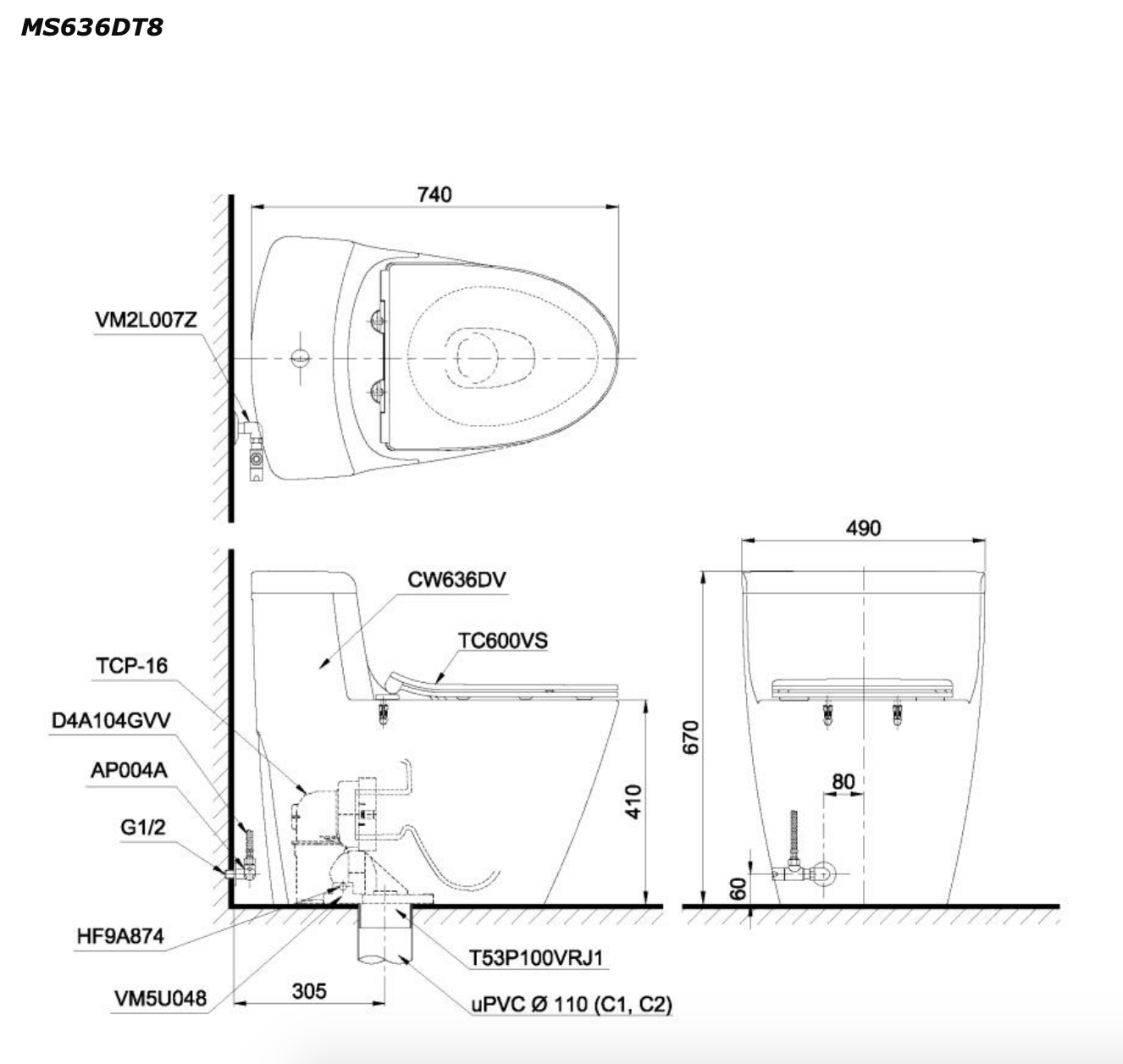Bồn cầu 1 khối TOTO MS636DT8 nắp đóng êm TC600VS