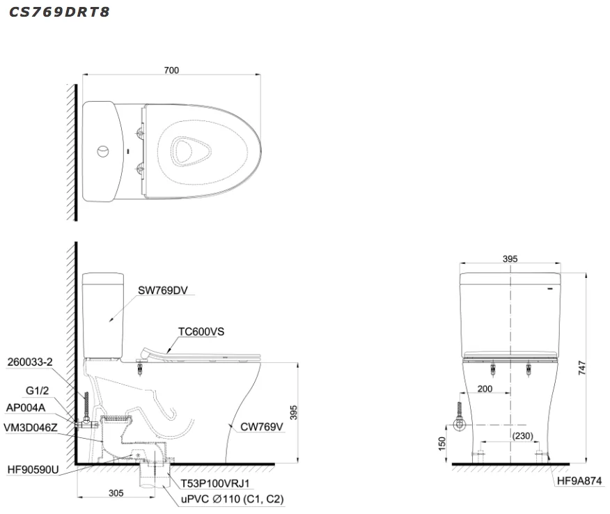 Bồn cầu 2 khối TOTO CS769DRT8 (CS769DT8) nắp đóng êm TC600VS