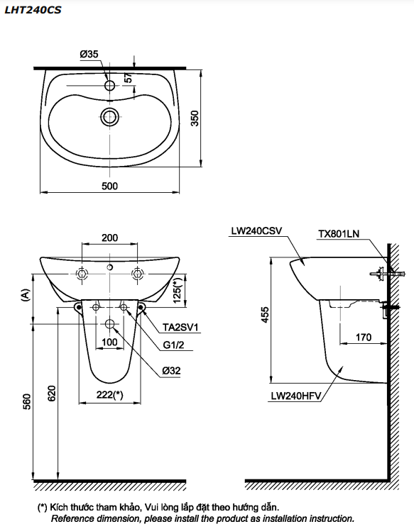 Chậu lavabo treo tường TOTO LHT240CS chân lửng