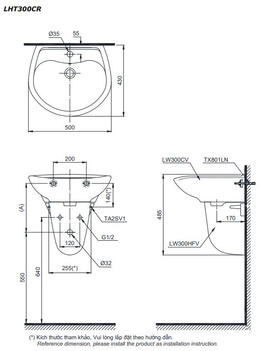 Chậu lavabo treo tường TOTO LHT300CR chân lửng