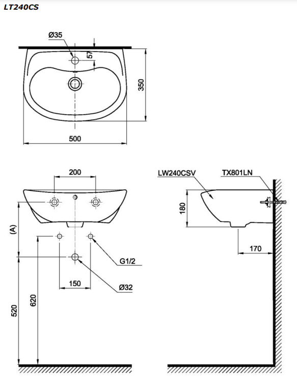 Chậu lavabo treo tường TOTO LT240CS