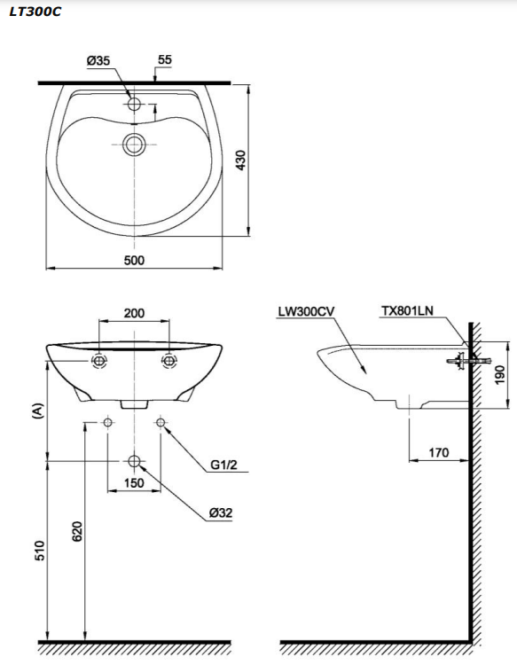 Chậu lavabo treo tường TOTO LT300C