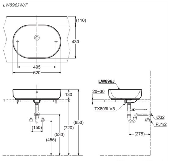 Chậu rửa lavabo đặt bàn TOTO LW896JW/F#W (LW896JWFW) màu trắng