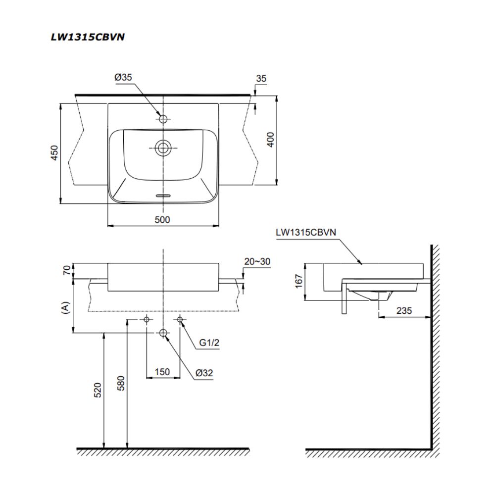 Bản vẽ kỹ thuật Lavabo TOTO LW1315CBVN/XW